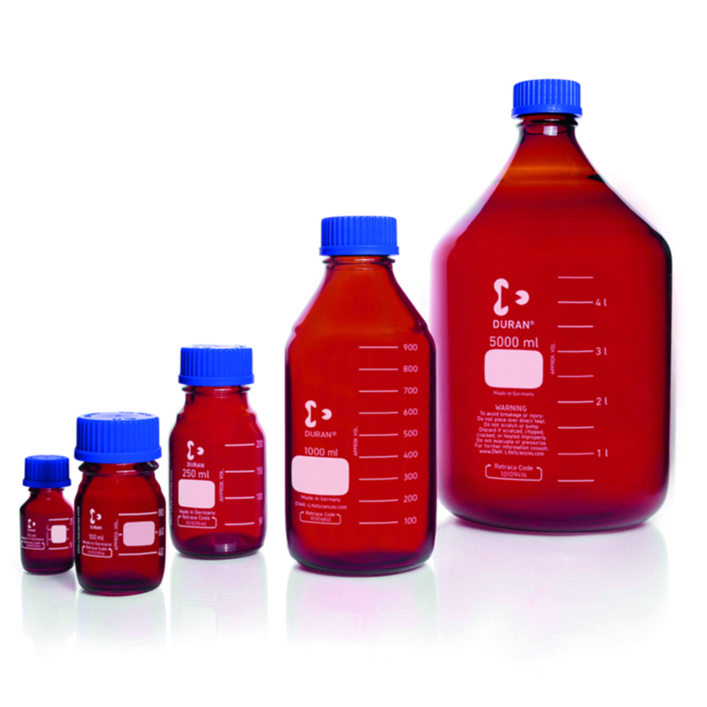 Laborflasche, DURAN® braun, mit Schraubverschluss und Ausgießring aus PP | Nennvolumen: 500 ml